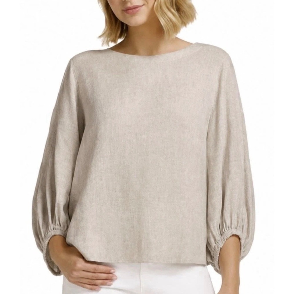 Matty M Womens Oatmeal Linen Blend Balloon Sleeve Blouse •XL• Coastal Grandma